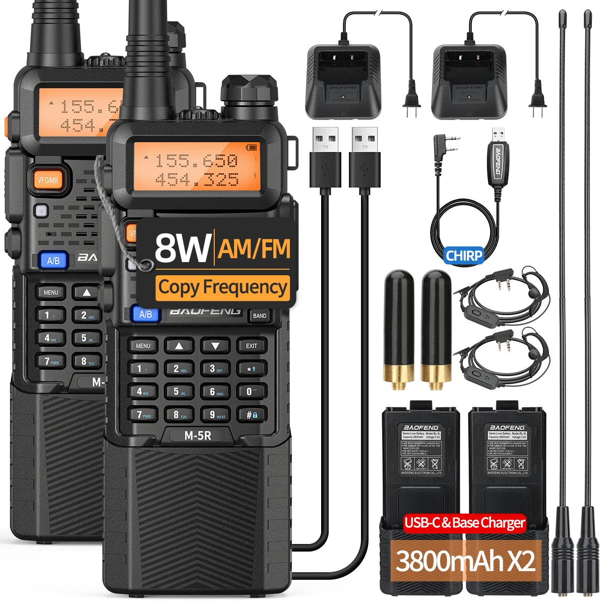 Baofeng M-5R Walkie Talkie Two Way Radio Set with Air Band, FM, and more