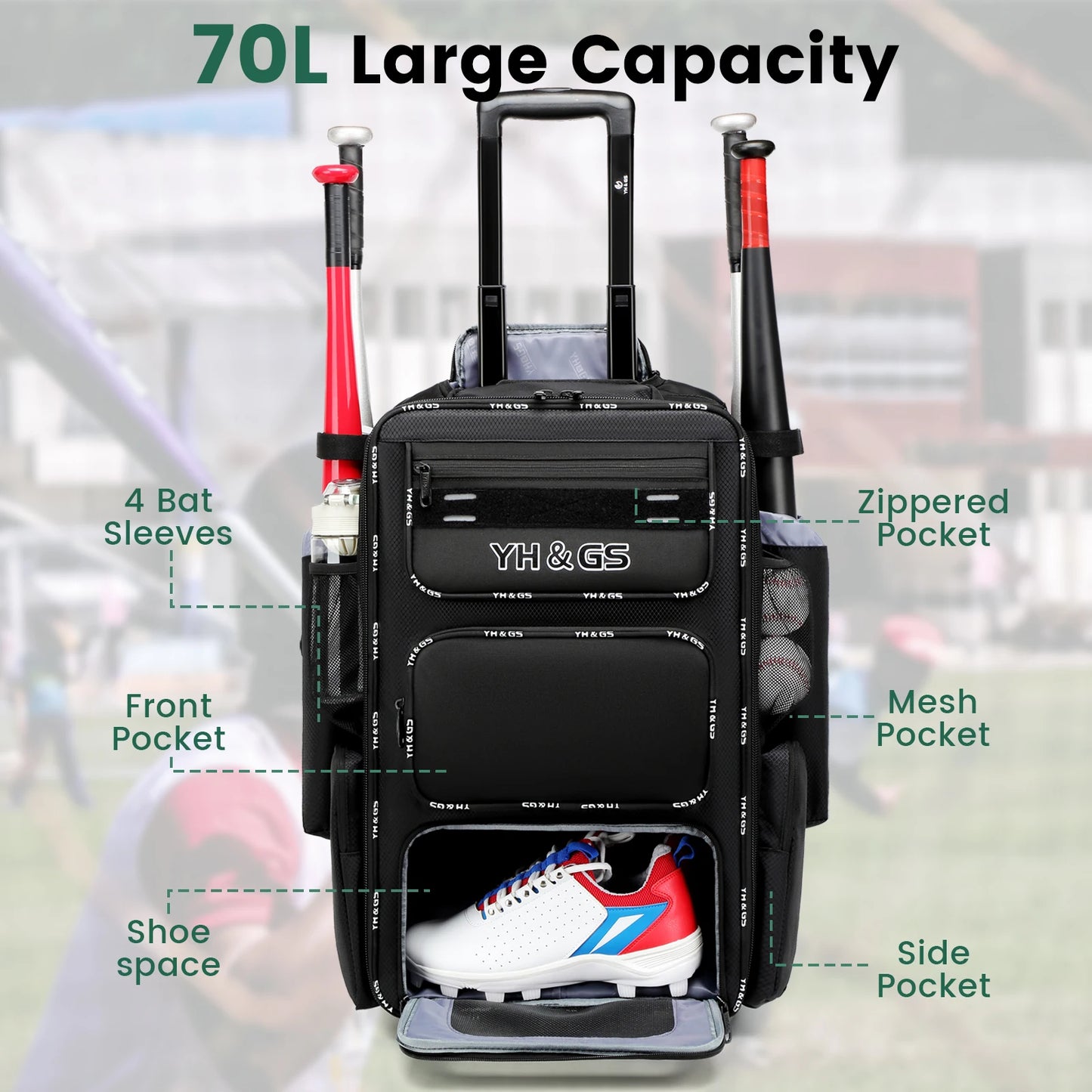 Multifunctional Outdoor Sports Trolley Baseball Bag Large Capacity Multi Compartment Waterproof Youth Softball Bag