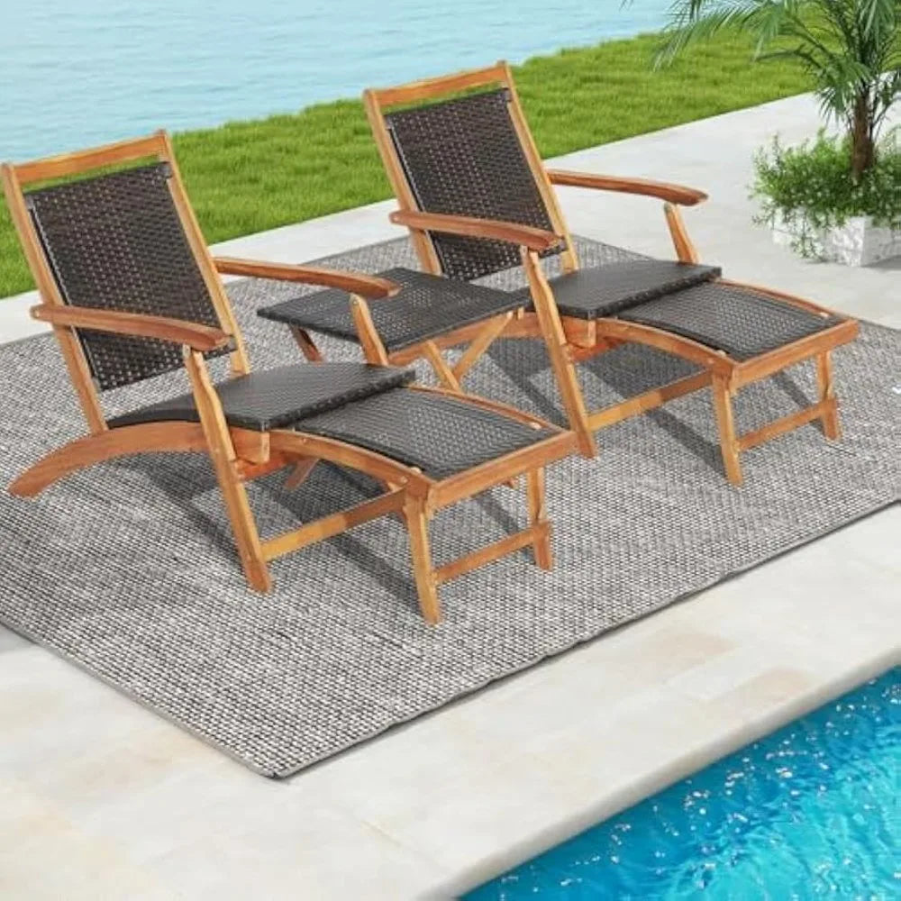 Patio Chaise Lounge Chairs and Table, Acacia Wood Folding Rattan Wicker Chairs w/Retractable Footrest, Side Table, 3-Pieces