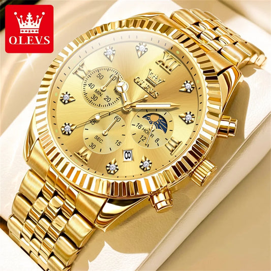 OLEVS Brand Luxury Waterproof Men's Moon Phase Quartz Watch Gold Stainless Steel Strap