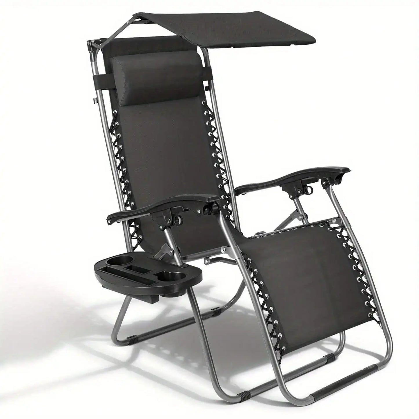 Heavy Duty Zero Gravity Folding Lounge Beach Chair With Canopy + Cup Holder Gray