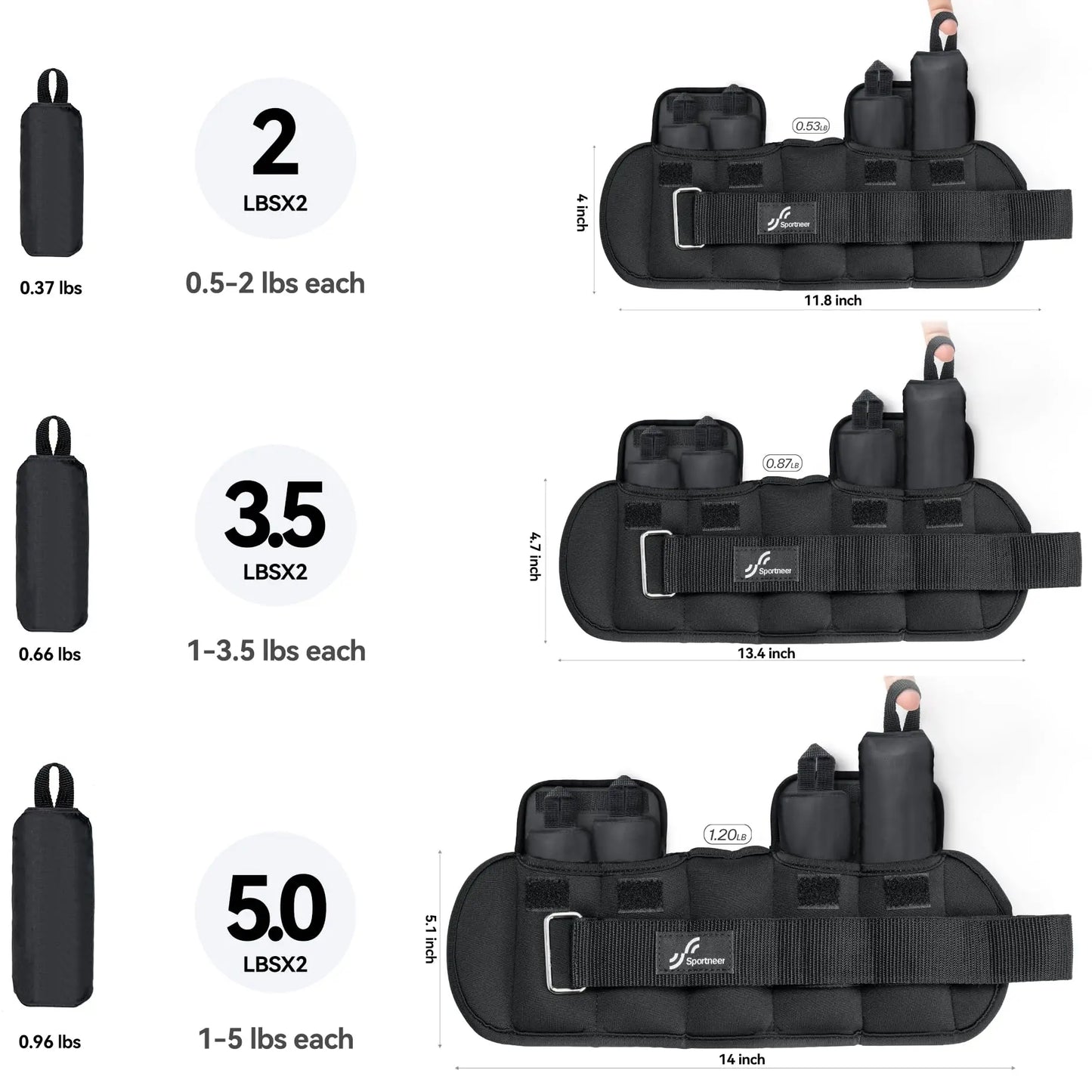 Sportneer Adjustable Wrist and Ankle Weights 1 Pair 1 to 10 lbs