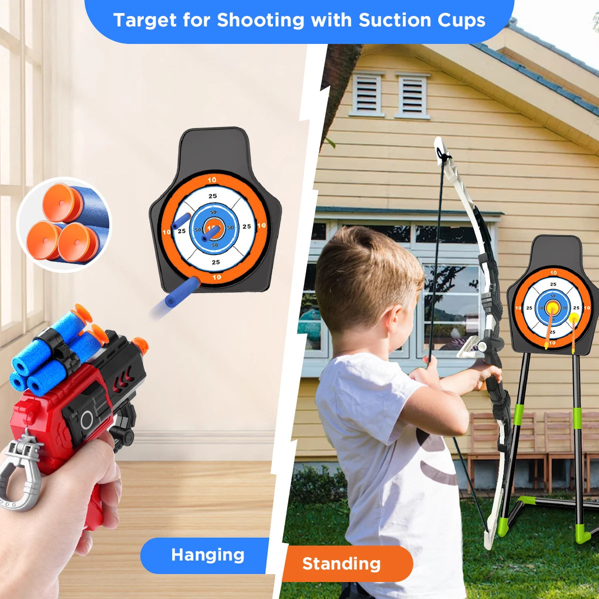 VATOS Children's 2X Bow Arrow + Guns Toy LED Light Archery with Suction Cup Stand Target Dart Board Indoor Outdoor Game