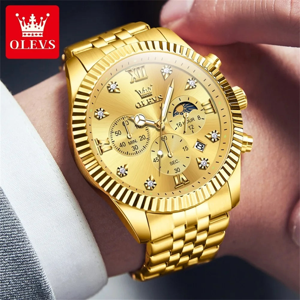 OLEVS Brand Luxury Waterproof Men's Moon Phase Quartz Watch Gold Stainless Steel Strap