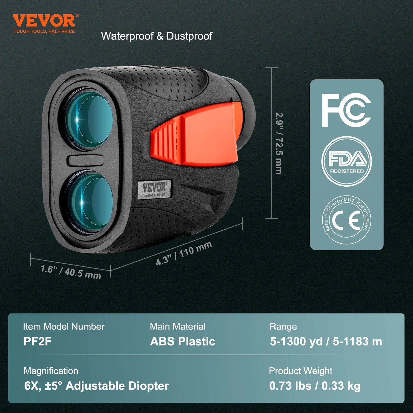 Laser Rangefinder for Golf/Hunting with 6X Magnification and Slope Adjust, 1300 yds distance by VEVOR