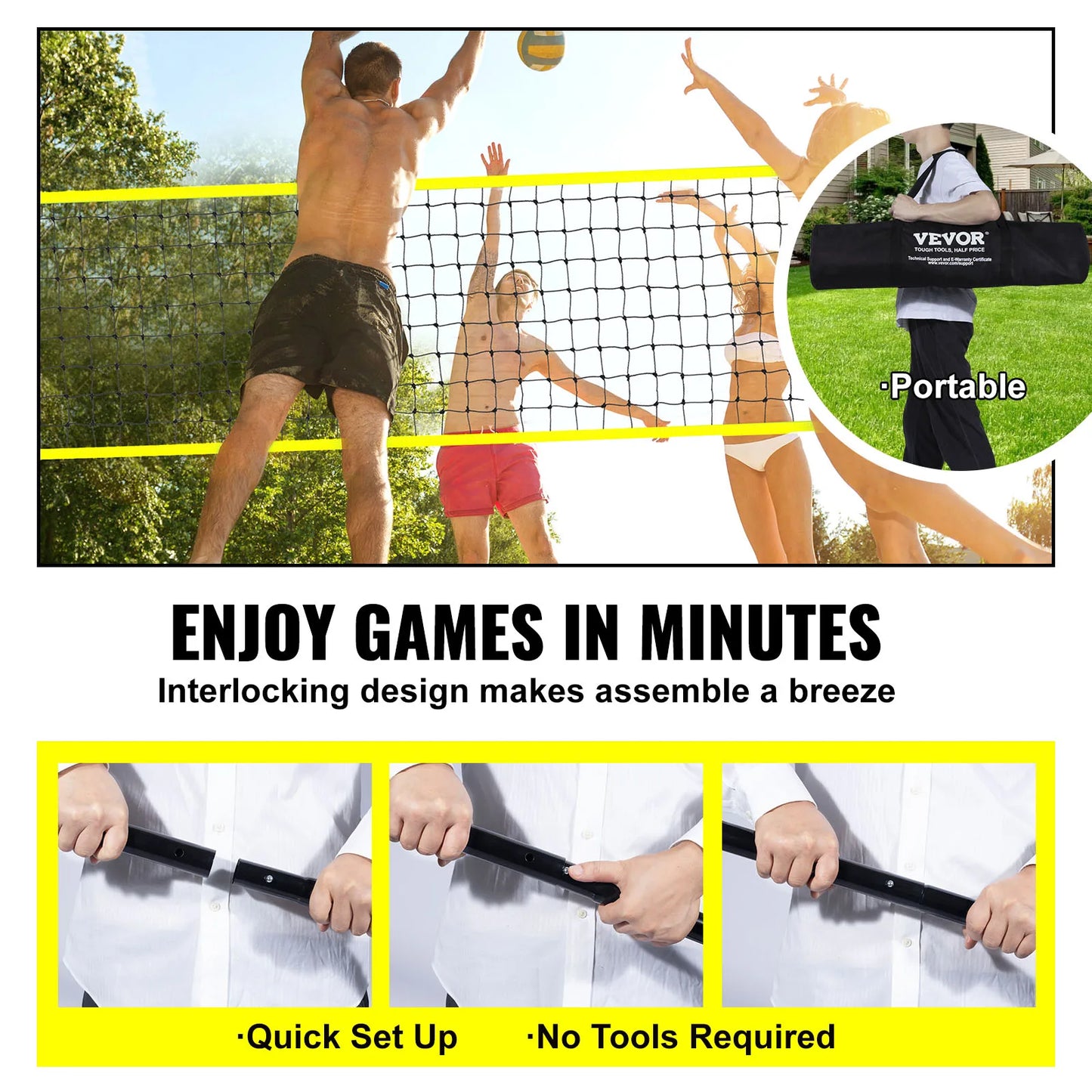 VEVOR Outdoor Volleyball Net System with Adjustable Height Steel Poles and PVC Pump for Backyard Beach Lawn