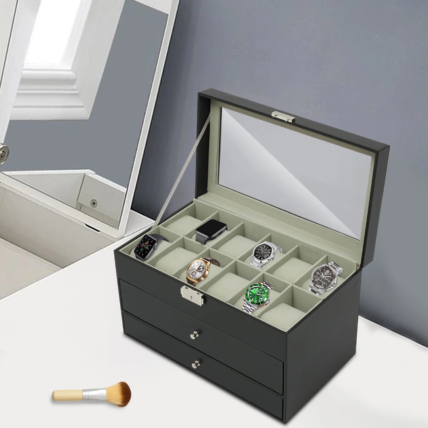 Hign-concerned 3 Tiers Jewelry Box Display Case Glass Top