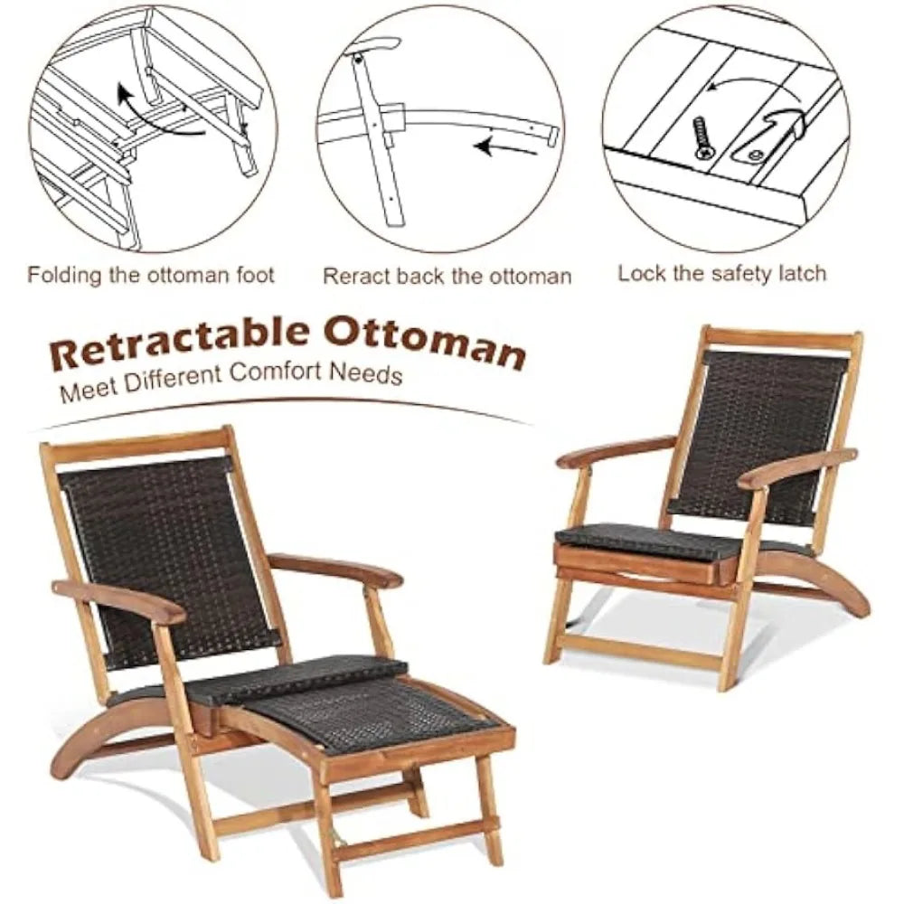 Patio Chaise Lounge Chairs and Table, Acacia Wood Folding Rattan Wicker Chairs w/Retractable Footrest, Side Table, 3-Pieces
