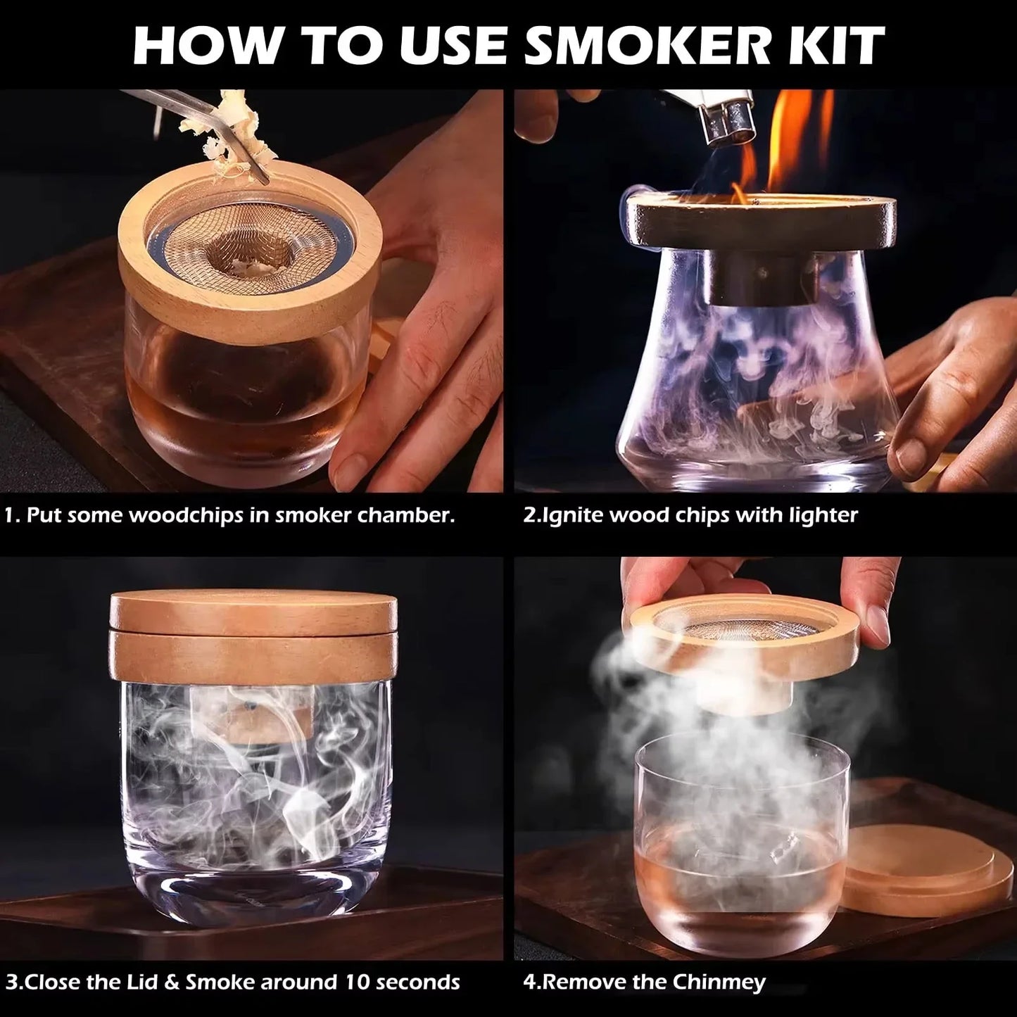 Wooden Cocktail Smoker Kit With 5 Flavor Wood Chips For Infusing