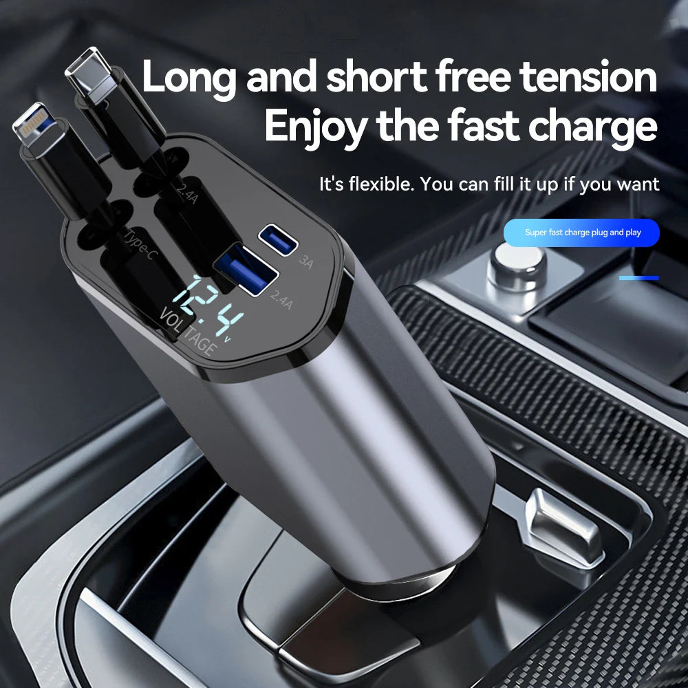 120W 4 In 1 Car Charger Retractable USB Type C Adapter
