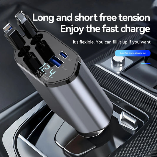 120W 4 In 1 Car Charger Retractable USB Type C Adapter