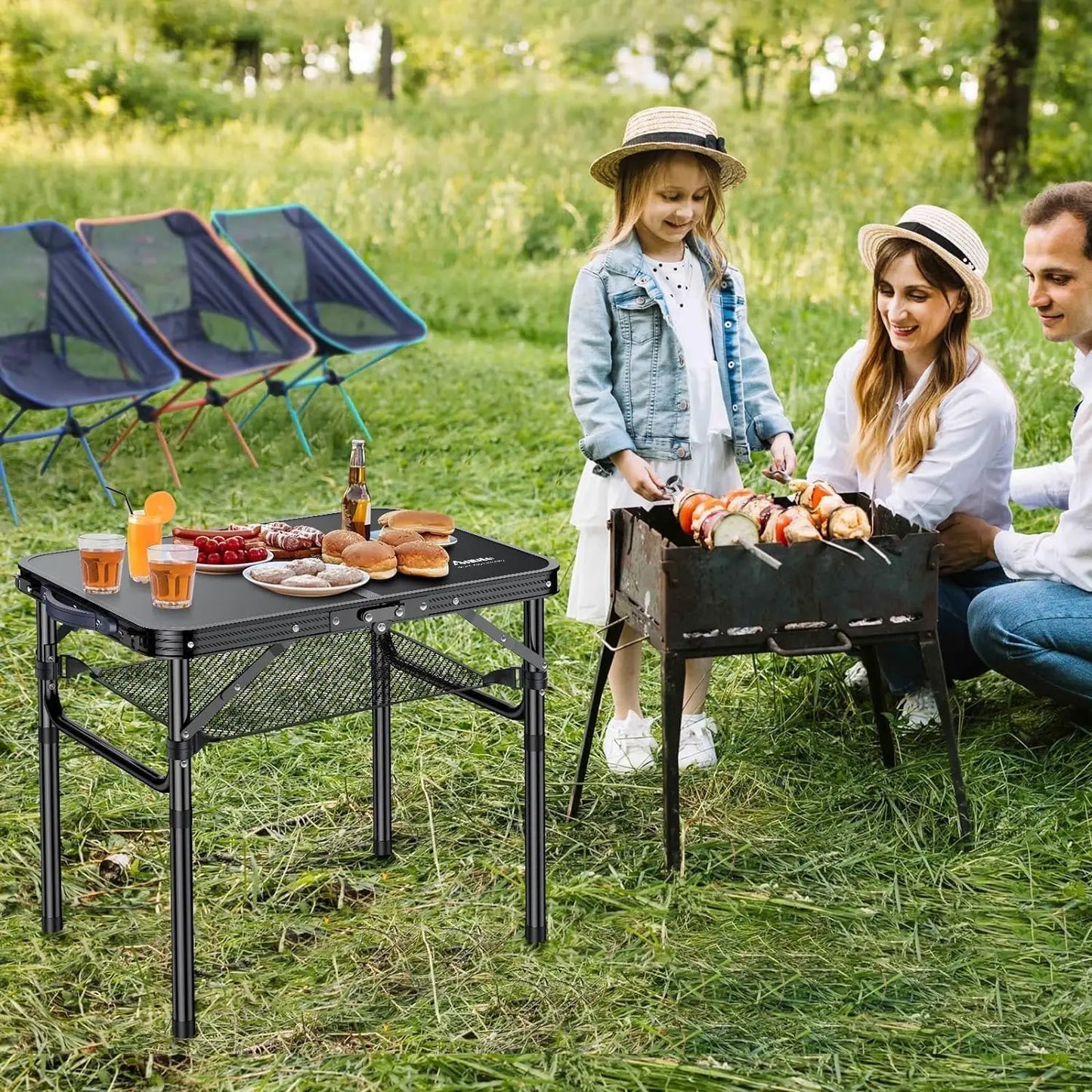 Folding Camping Table, Black Aluminum 23.2"x16", Adjustable H 26.4", Lightweight, Portable, Storage Net, Waterproof (128 chars)