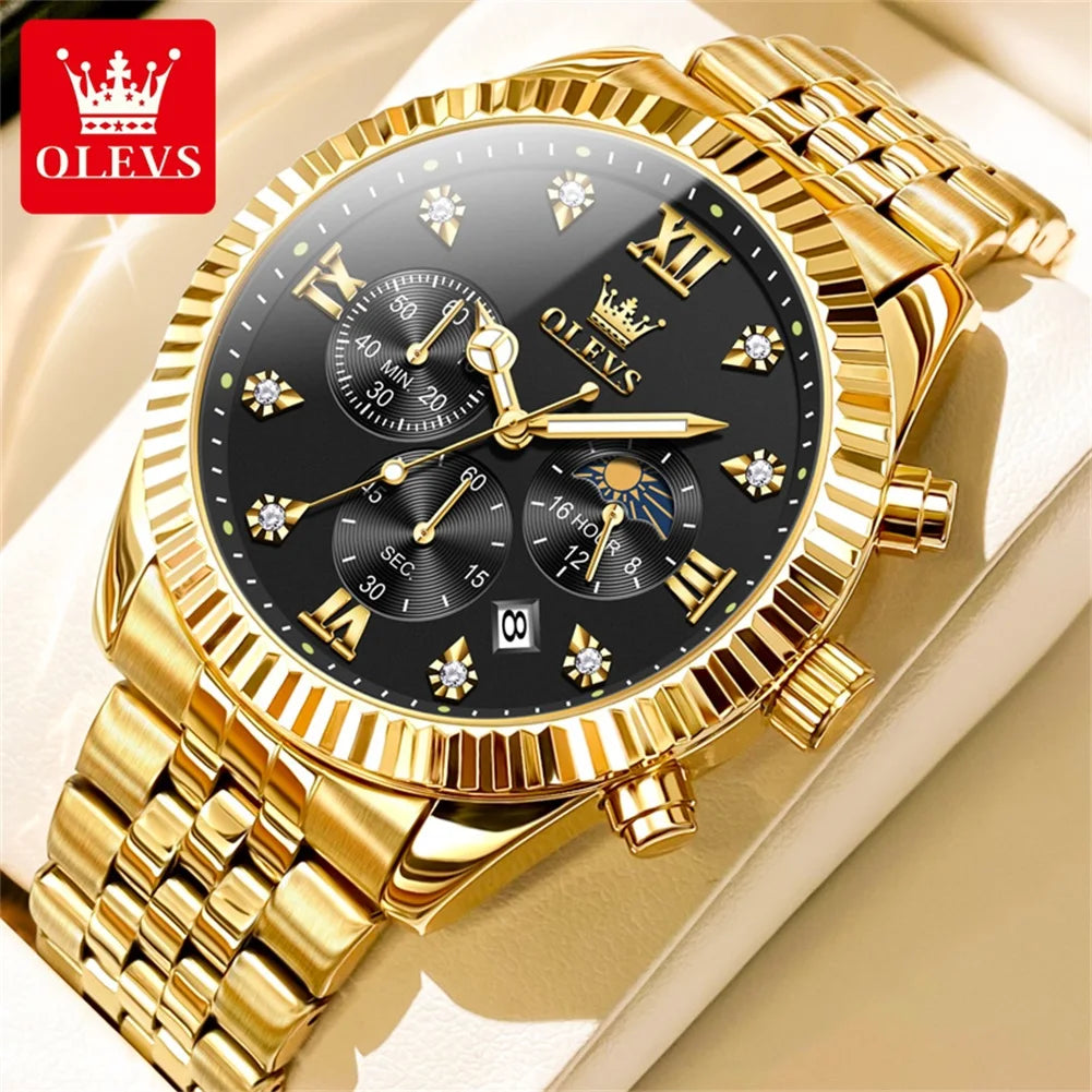 OLEVS Brand Luxury Waterproof Men's Moon Phase Quartz Watch Gold Stainless Steel Strap
