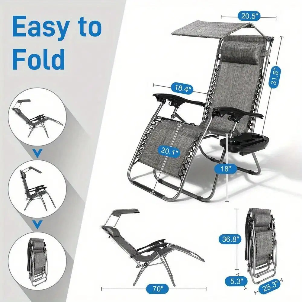 Heavy Duty Zero Gravity Folding Lounge Beach Chair With Canopy + Cup Holder Gray