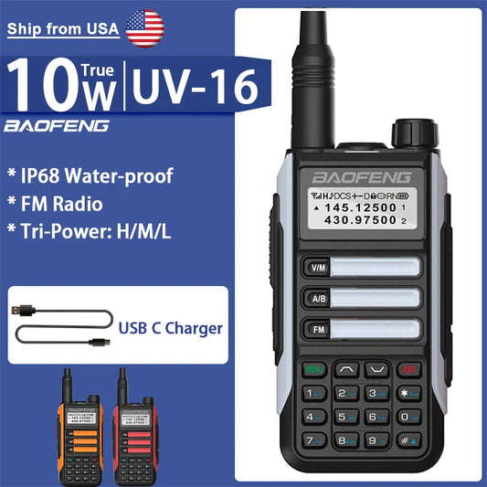 Baofeng UV-16 IP68 Waterproof Walkie Talkie Dual Band High Power Radio Long Range VHF UHF Two Way Radio with Scanner