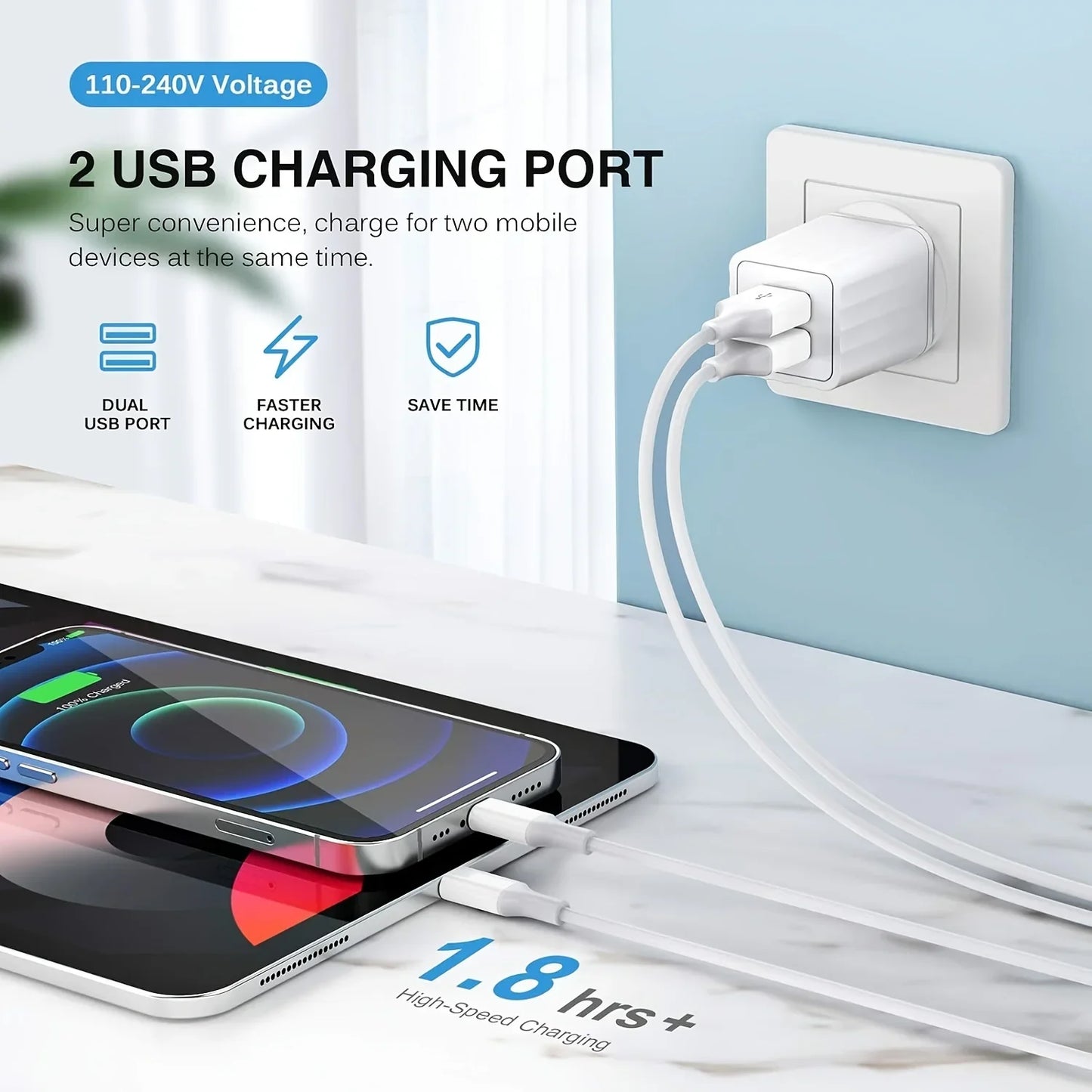 2.1A Dual Port USB Plug Power Adapter Charger Block Cube
