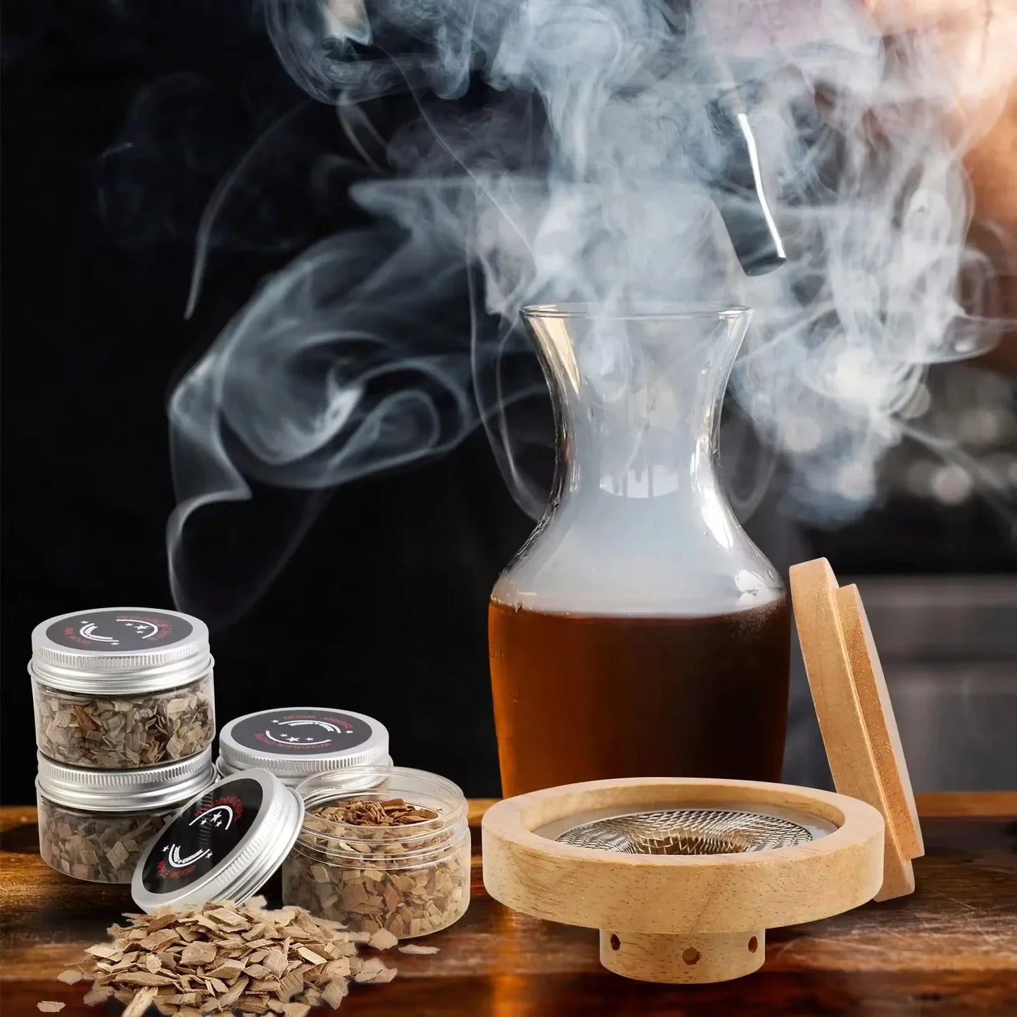 Wooden Cocktail Smoker Kit With 5 Flavor Wood Chips For Infusing
