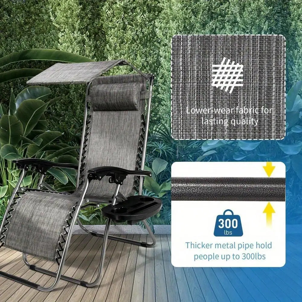 Heavy Duty Zero Gravity Folding Lounge Beach Chair With Canopy + Cup Holder Gray