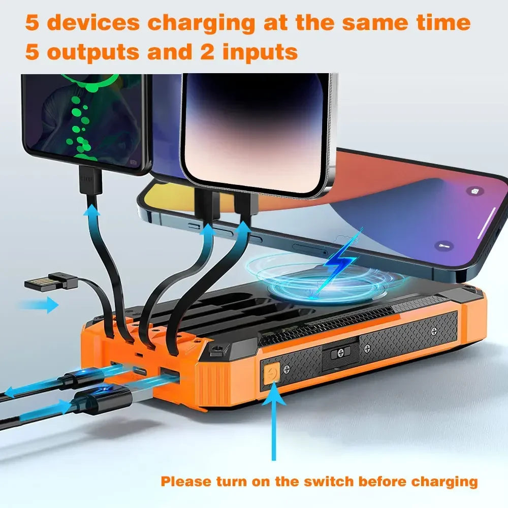 Solar Mobile Power Bank Portable Wireless Fast Charging 10000mAh with 4USB Suitable for iPhone Xiaomi Huawei with 2LED Light