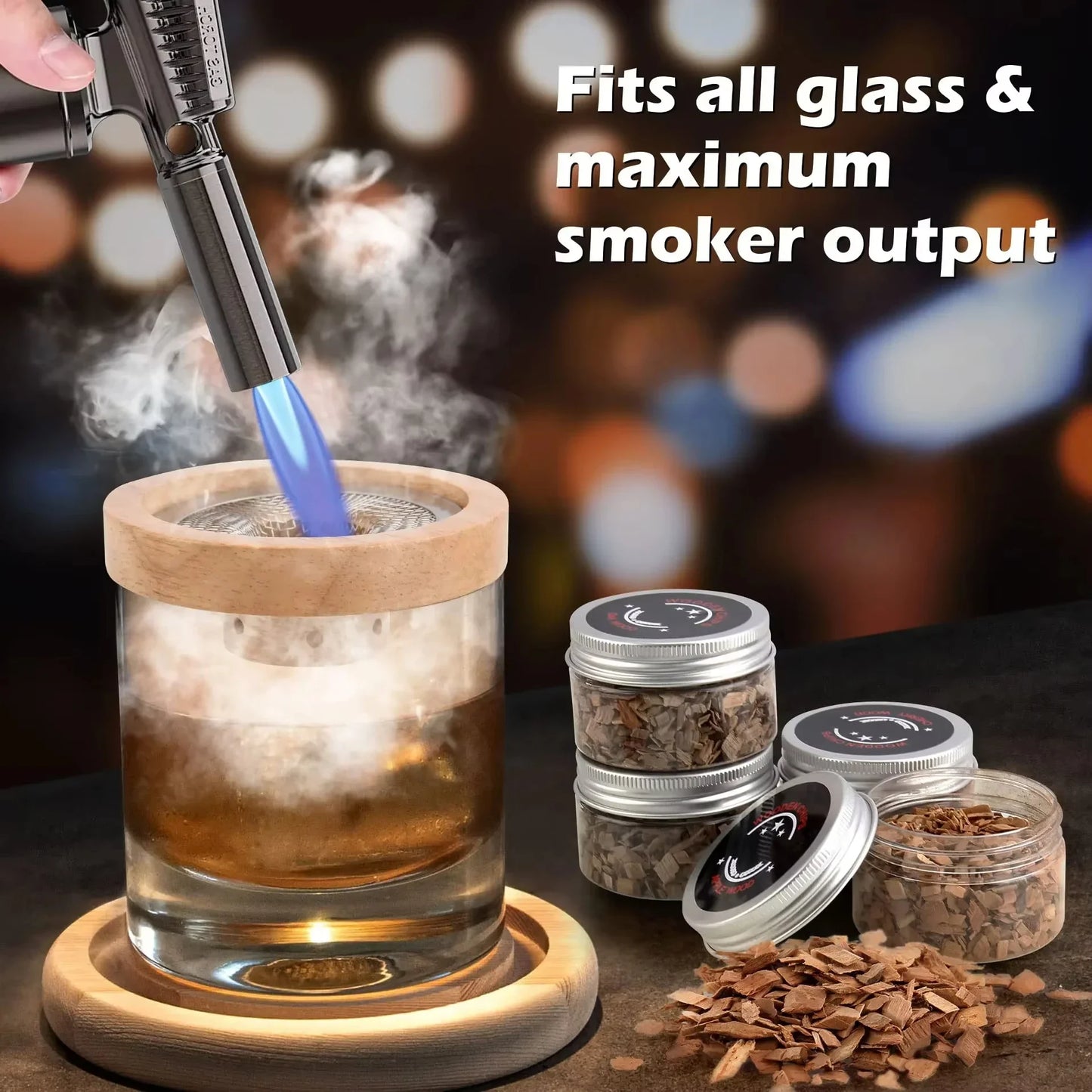 Wooden Cocktail Smoker Kit With 5 Flavor Wood Chips For Infusing
