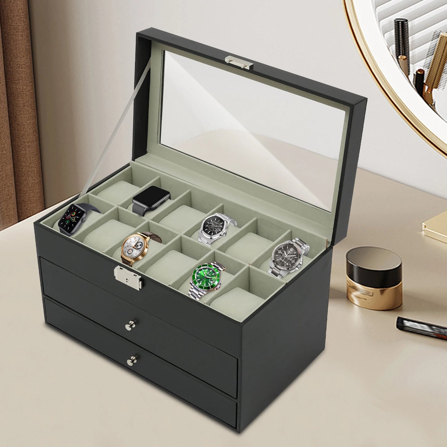 Hign-concerned 3 Tiers Jewelry Box Display Case Glass Top