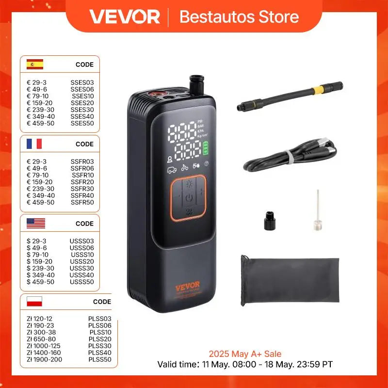 VEVOR Tire Inflator Portable Air Compressor 150 PSI Rechargeable Electric Pump for Car Motorcycle Bike