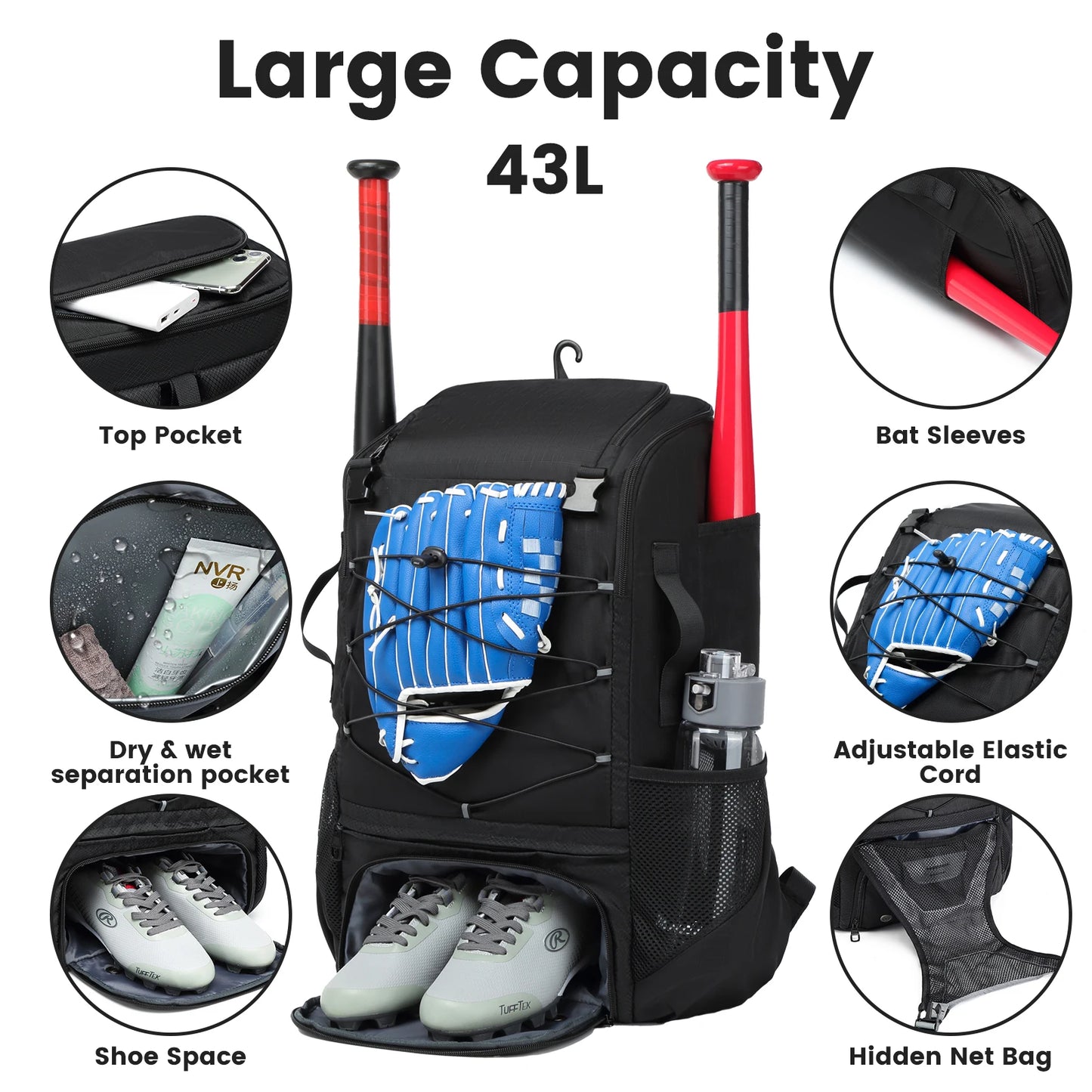 Baseball Backpack with Shoe Compartment for Youth Athletes