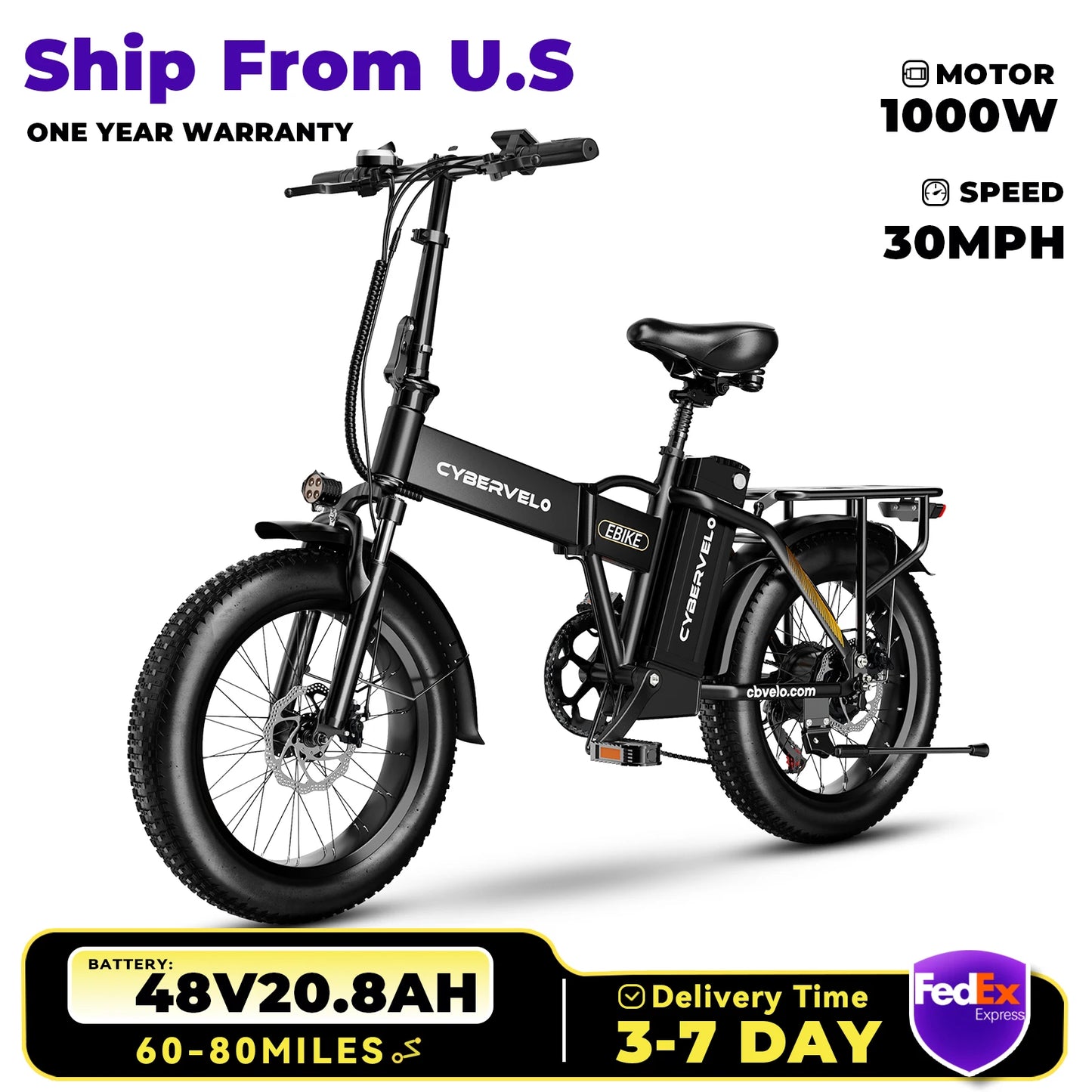 CYBERVELO Folding Electric Bike 1000W 48V Removable Battery