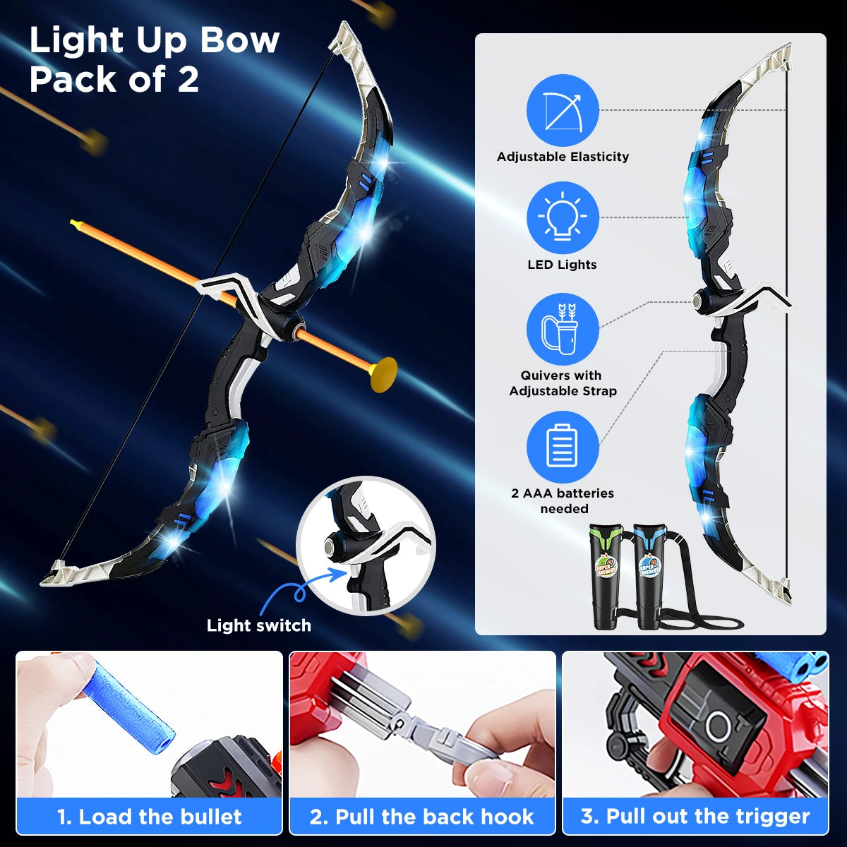 VATOS Children's 2X Bow Arrow + Guns Toy LED Light Archery with Suction Cup Stand Target Dart Board Indoor Outdoor Game
