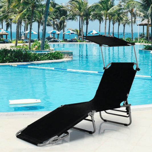 Foldable Lounge Chair Adjustable Outdoor Beach Patio Pool Recliner Black With Sunshade