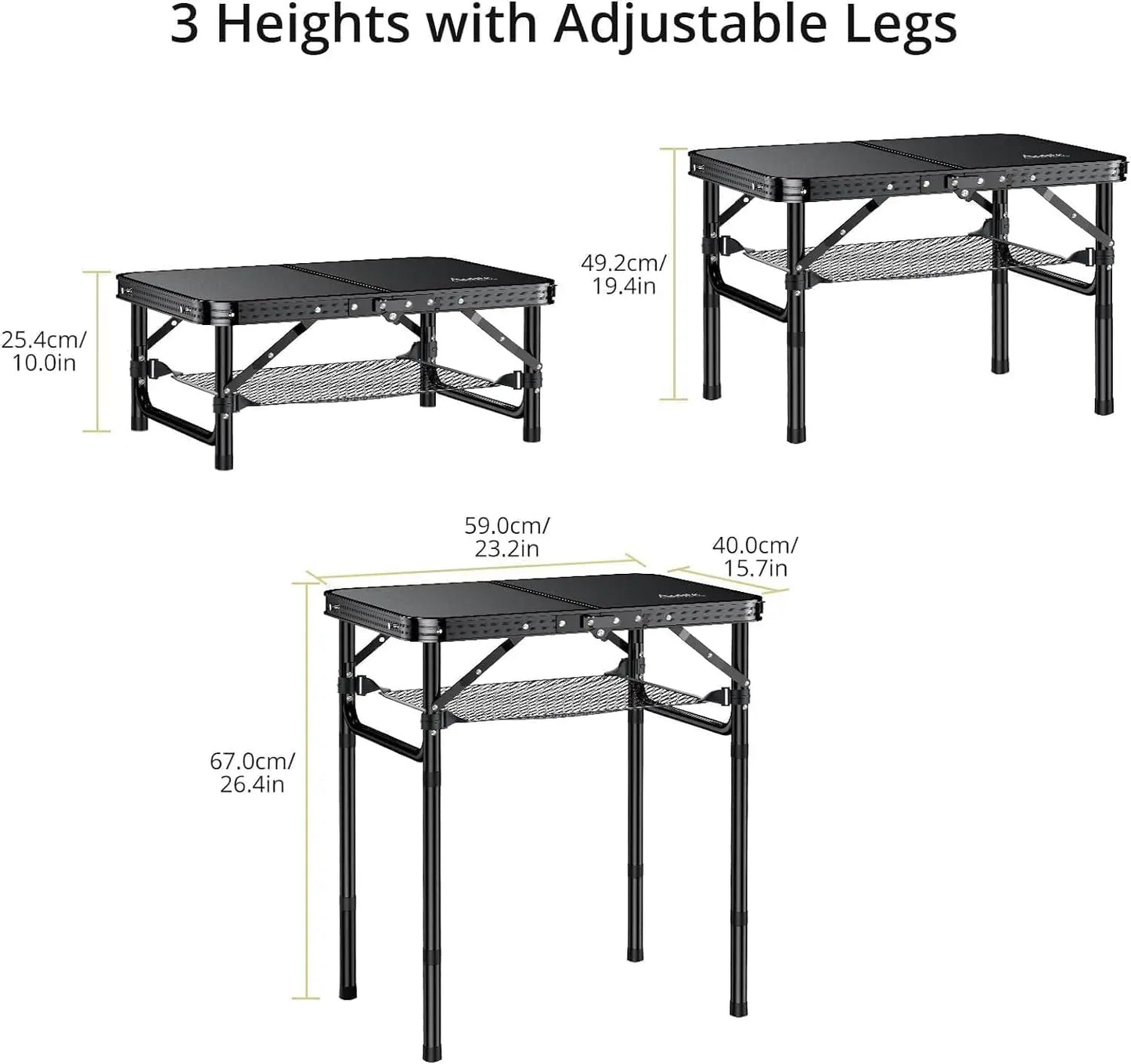 Folding Camping Table, Black Aluminum 23.2"x16", Adjustable H 26.4", Lightweight, Portable, Storage Net, Waterproof (128 chars)