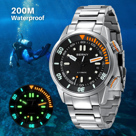 BERNY Automatic Dive Watch for Men 20ATM Sapphire Design
