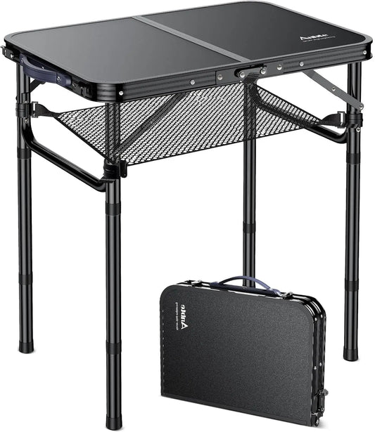 Folding Camping Table, Black Aluminum 23.2"x16", Adjustable H 26.4", Lightweight, Portable, Storage Net, Waterproof (128 chars)