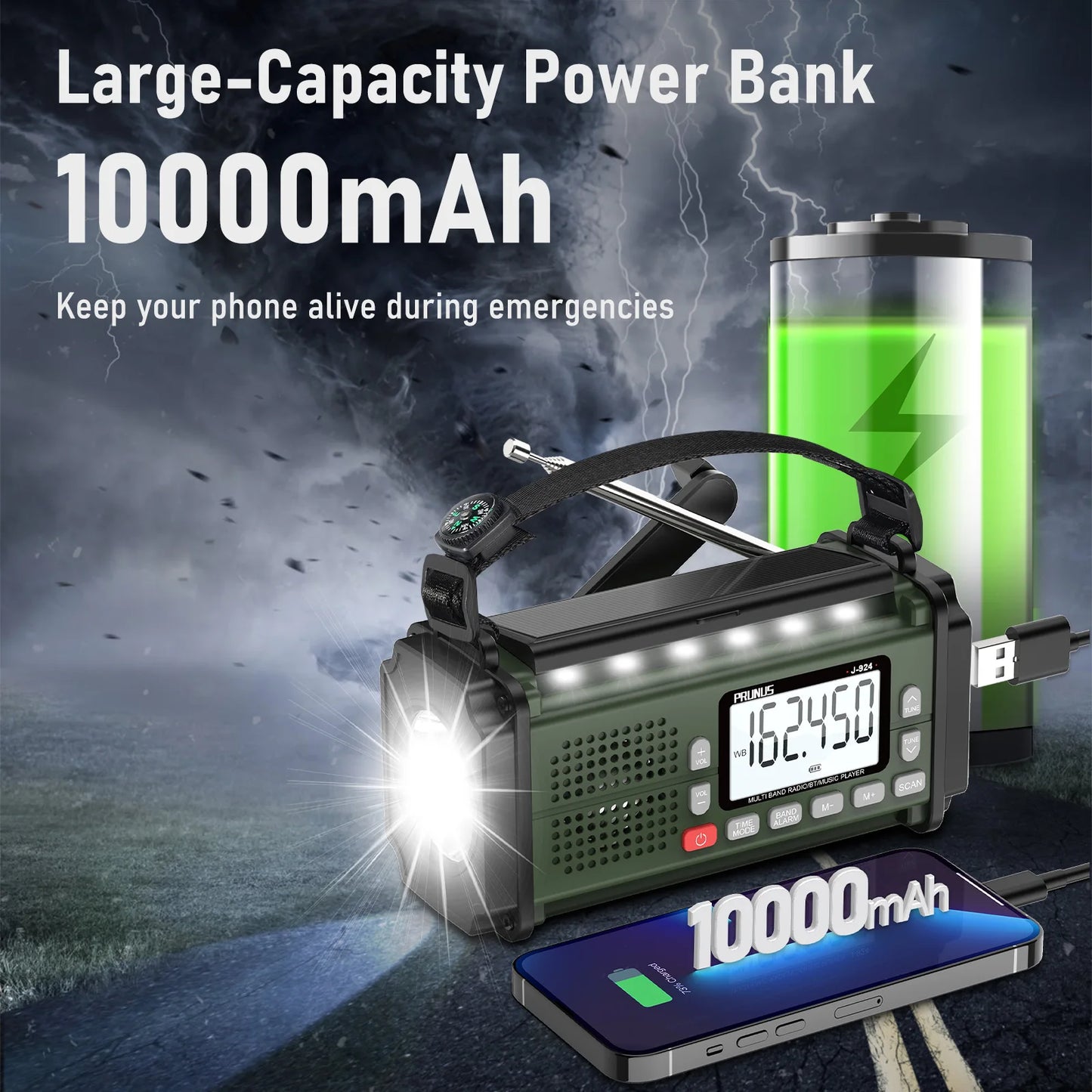 Prunus 924 10000mAh Hand Crank Radio Solar Power Bank