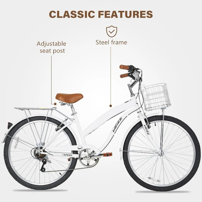 YTYINFork Beach Cruiser Bike 7Speed Steel Frame Fenders