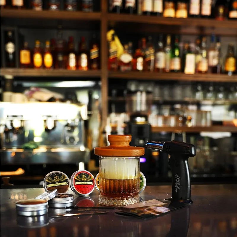 Smoker Kit with Torch - 2 Whiskey Glasses 2 Ice Ball Molds 8 Flavor Orange Cinnamon Ginger Anise Wood Chips for Whiskey