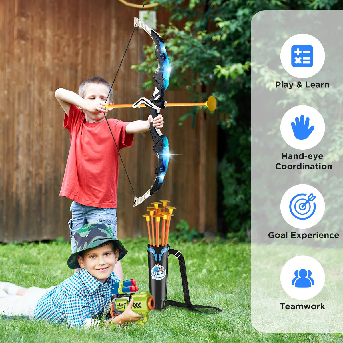 VATOS Children's 2X Bow Arrow + Guns Toy LED Light Archery with Suction Cup Stand Target Dart Board Indoor Outdoor Game
